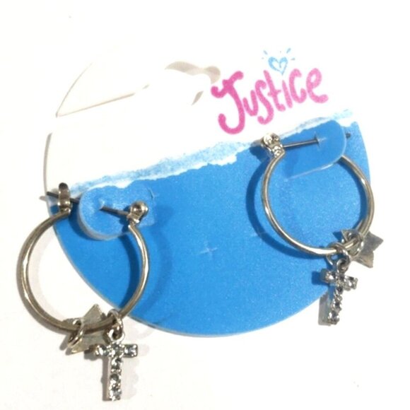 Justice Silver-tone Hoop Earrings Sparkling Cross & star-shaped charms - Girls - Picture 1 of 7